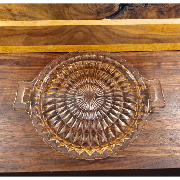 Vintage Amber Glass Serving Tray With Handles & Starburst Design - Picture 1 of 6
